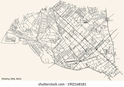 Black Simple Detailed Street Roads Map On Vintage Beige Background Of The Neighbourhood Wedding Locality Of The Mitte Borough Of Berlin, Germany