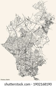 Black simple detailed street roads map on vintage beige background of the neighbourhood Pankow borough of Berlin, Germany