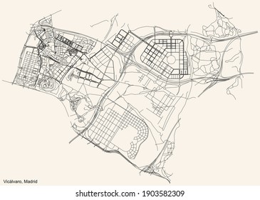 Black Simple Detailed Street Roads Map On Vintage Beige Background Of The Neighbourhood Vicálvaro District Of Madrid, Spain