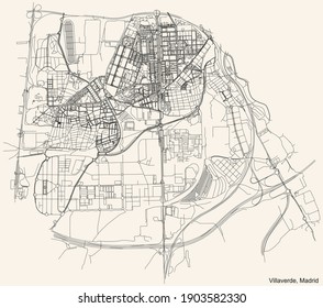 Black simple detailed street roads map on vintage beige background of the neighbourhood Villaverde district of Madrid, Spain