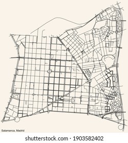 Black simple detailed street roads map on vintage beige background of the neighbourhood Salamanca district of Madrid, Spain