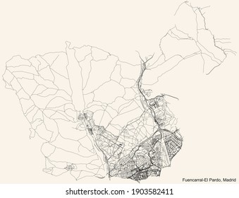 Black simple detailed street roads map on vintage beige background of the neighbourhood Fuencarral-El Pardo district of Madrid, Spain