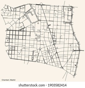 Black simple detailed street roads map on vintage beige background of the neighbourhood Chamberí district of Madrid, Spain