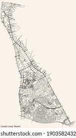 Black simple detailed street roads map on vintage beige background of the neighbourhood Ciudad Lineal district of Madrid, Spain