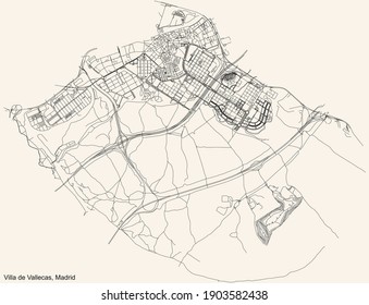 Black simple detailed street roads map on vintage beige background of the neighbourhood Villa de Vallecas district of Madrid, Spain