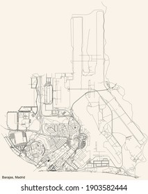 Black simple detailed street roads map on vintage beige background of the neighbourhood Barajas district of Madrid, Spain