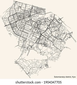 Black simple detailed street roads map on vintage beige background of the neighbourhood Solomianskyi district of Kiev Kyiv, Ukraine