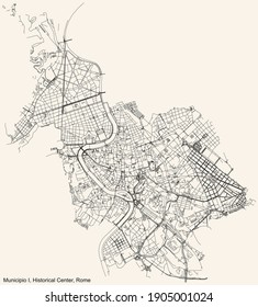 Black simple detailed street roads map on vintage beige background of the neighbourhood Municipio I – Historical Center municipality of Rome, Italy