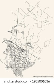 Black simple detailed street roads map on vintage beige background of the neighbourhood Municipio III – Monte Sacro municipality of Rome, Italy