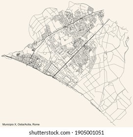 Black simple detailed street roads map on vintage beige background of the neighbourhood Municipio X – Ostia Acilia municipality of Rome, Italy