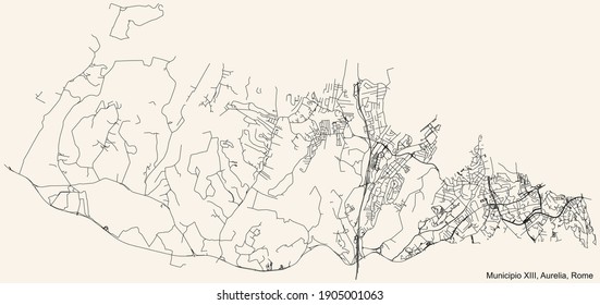 Black simple detailed street roads map on vintage beige background of the neighbourhood Municipio XIII – Aurelia municipality of Rome, Italy