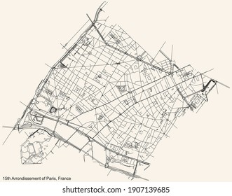 Black simple detailed street roads map on vintage beige background of the neighbourhood quinzième, 15th arrondissement of Paris, France
