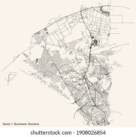 Black simple detailed street roads map on vintage beige background of the neighbourhood Sector 1, Bucharest, Romania