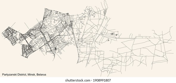 Black simple detailed street roads map on vintage beige background of the neighbourhood Partyzanski raion (Soviet partisans district) of Minsk, Belarus