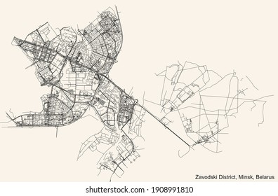 Black simple detailed street roads map on vintage beige background of the neighbourhood Zavodski raion (Factory district) of Minsk, Belarus