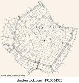 Black simple detailed street roads map on vintage beige background of the neighbourhood Innere Stadt district of Vienna, Austria