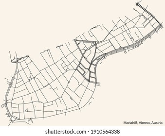 Black simple detailed street roads map on vintage beige background of the neighbourhood Mariahilf district of Vienna, Austria