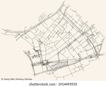 Black simple detailed street roads map on vintage beige background of the neighbourhood St. Georg quarter of the Hamburg-Mitte borough (bezirk) of the Free and Hanseatic City of Hamburg, Germany