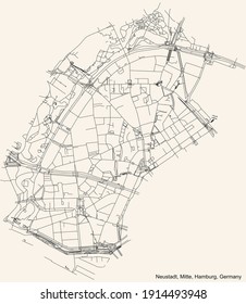 Black simple detailed street roads map on vintage beige background of the neighbourhood Neustadt quarter of the Hamburg-Mitte borough (bezirk) of the Free and Hanseatic City of Hamburg, Germany