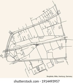 Black simple detailed street roads map on vintage beige background of the neighbourhood Borgfelde quarter of the Hamburg-Mitte borough (bezirk) of the Free and Hanseatic City of Hamburg, Germany