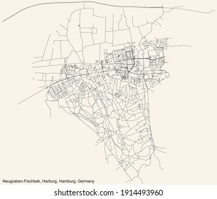 Black simple detailed street roads map on vintage beige background of the neighbourhood Neugraben-Fischbek quarter of the Harburg borough (bezirk) of the Free and Hanseatic City of Hamburg, Germany