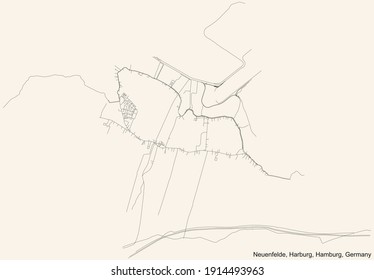 Black simple detailed street roads map on vintage beige background of the neighbourhood Neuenfelde quarter of the Harburg borough (bezirk) of the Free and Hanseatic City of Hamburg, Germany