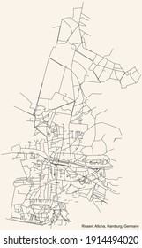 Black simple detailed street roads map on vintage beige background of the neighbourhood Rissen quarter of the Altona borough (bezirk) of the Free and Hanseatic City of Hamburg, Germany