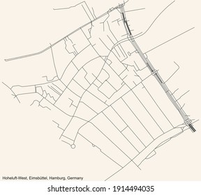 Black simple detailed street roads map on vintage beige background of the neighbourhood Hoheluft-West quarter of the Eimsbüttel borough (bezirk) of the Free and Hanseatic City of Hamburg, Germany
