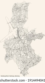 Black simple detailed street roads map on vintage beige background of the neighbourhood Hamburg-Nord borough (bezirk) of the Free and Hanseatic City of Hamburg, Germany