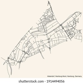 Black simple detailed street roads map on vintage beige background of the neighbourhood Alsterdorf quarter of the Hamburg-Nord borough (bezirk) of the Free and Hanseatic City of Hamburg, Germany