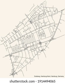 Black simple detailed street roads map on vintage beige background of the neighbourhood Dulsberg quarter of the Hamburg-Nord borough (bezirk) of the Free and Hanseatic City of Hamburg, Germany