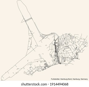 Black simple detailed street roads map on vintage beige background of the neighbourhood Fuhlsbüttel quarter of the Hamburg-Nord borough (bezirk) of the Free and Hanseatic City of Hamburg, Germany