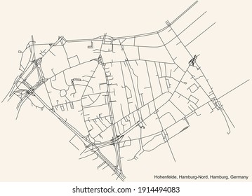 Black simple detailed street roads map on vintage beige background of the neighbourhood Hohenfelde quarter of the Hamburg-Nord borough (bezirk) of the Free and Hanseatic City of Hamburg, Germany