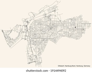 Black simple detailed street roads map on vintage beige background of the neighbourhood Ohlsdorf quarter of the Hamburg-Nord borough (bezirk) of the Free and Hanseatic City of Hamburg, Germany