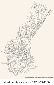 Black simple detailed street roads map on vintage beige background of the neighbourhood Farmsen-Berne quarter of the Wandsbek borough (bezirk) of the Free and Hanseatic City of Hamburg, Germany