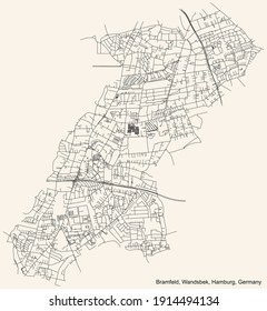 Black simple detailed street roads map on vintage beige background of the neighbourhood Bramfeld quarter of the Wandsbek borough (bezirk) of the Free and Hanseatic City of Hamburg, Germany