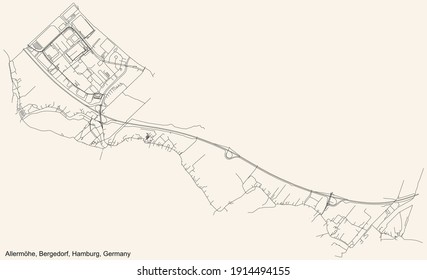 Black simple detailed street roads map on vintage beige background of the neighbourhood Allermöhe quarter of the Bergedorf borough (bezirk) of the Free and Hanseatic City of Hamburg, Germany