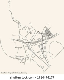 Black simple detailed street roads map on vintage beige background of the neighbourhood Moorfleet quarter of the Bergedorf borough (bezirk) of the Free and Hanseatic City of Hamburg, Germany