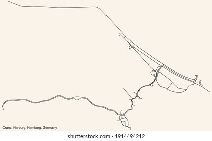 Black simple detailed street roads map on vintage beige background of the neighbourhood Cranz quarter of the Harburg borough (bezirk) of the Free and Hanseatic City of Hamburg, Germany