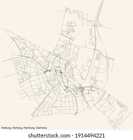 Black simple detailed street roads map on vintage beige background of the neighbourhood Harburg quarter of the Harburg borough (bezirk) of the Free and Hanseatic City of Hamburg, Germany