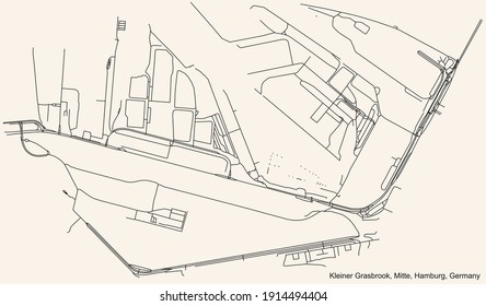 Black simple detailed street roads map on vintage beige background of the neighbourhood Kleiner Grasbrook quarter of the Hamburg-Mitte borough (bezirk) of the Free and Hanseatic City of Hamburg, Germa