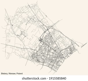 Black simple detailed street roads map on vintage beige background of the neighbourhood Bielany district of Warsaw, Poland