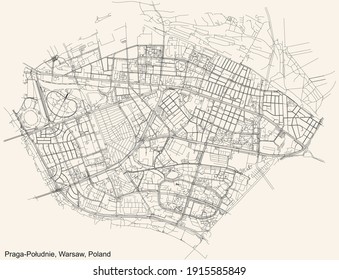 Black simple detailed street roads map on vintage beige background of the neighbourhood Praga Południe district of Warsaw, Poland