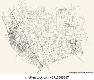 Black simple detailed street roads map on vintage beige background of the neighbourhood Białołęka district of Warsaw, Poland