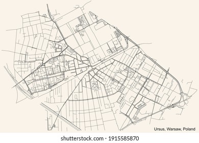 Black simple detailed street roads map on vintage beige background of the neighbourhood Ursus district of Warsaw, Poland