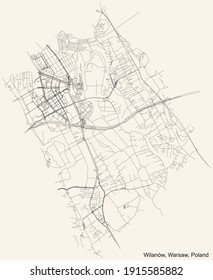 Black simple detailed street roads map on vintage beige background of the neighbourhood Wilanów district of Warsaw, Poland