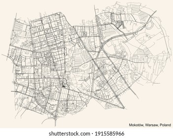 Black simple detailed street roads map on vintage beige background of the neighbourhood Mokotów district of Warsaw, Poland