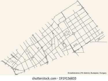 Black simple detailed street roads map on vintage beige background of the neighbourhood Erzsébetváros 7th district (VII kerület) of Budapest, Hungary