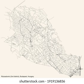 Mapa de calles sencillas y negras detalladas en el fondo beige vintage del barrio Rózsadomb 2do distrito (II kerület) de Budapest, Hungría