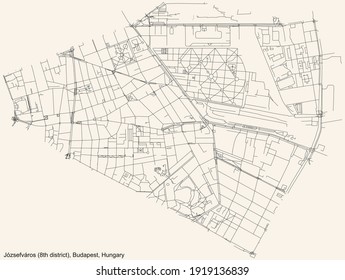 Schwarze, einfache, detaillierte Straßenkarte auf beigem Hintergrund des Viertels Józsefváros 8. Bezirk (VIII Kerület) von Budapest, Ungarn